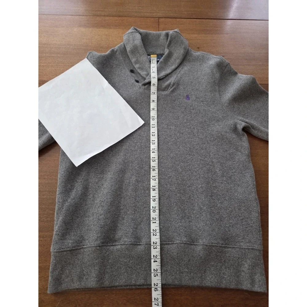 Polo Ralph Lauren Shawl Collar Pullover‎ Sweater Men's Medium Gray W Purple Pony